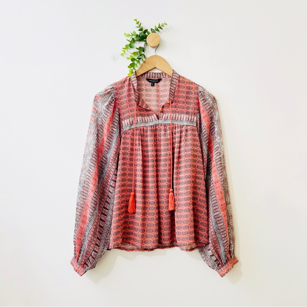 Lucky Brand Boho Sheer Pink Tasseled Long Sleeve Blouse